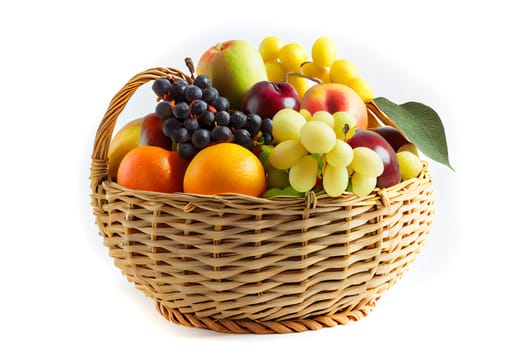 Composition with variety of fruits and wicker basket isolated on white.  Generative AI.