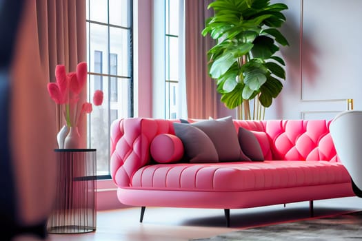 Modern  living room interior with pink color couch.  Generative AI.