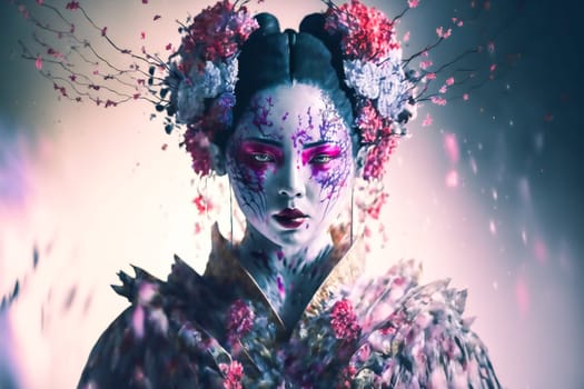 young pretty geisha in kimono with sakura.  Image created with Generative AI technology.