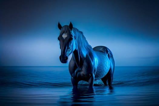 Portrait of a  horse  on a blue sea background.  Generative AI.