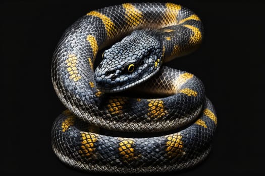 close up of a snake on a black background.  Generative AI.