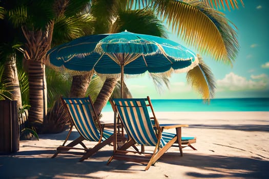 Beach chairs, umbrella and palms on the beach.  Generative AI.