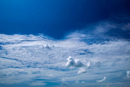 White cumulus clouds against the blue sky. White clouds. Blue sky. Fluffy cloud. Clear sunny day. Weather. Weather forecast. Summer season. Beauty in nature. Outdoors.