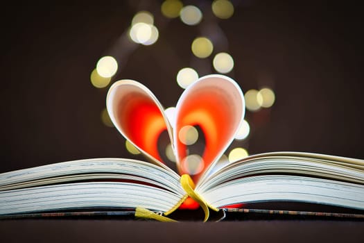 opened buck with sides that are beaten to the heart. Light spot by fairy lights in background with soft bokeh. Love novel for romance.