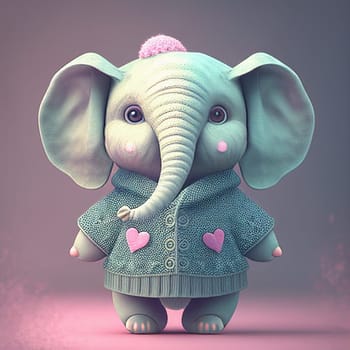 Cute baby elephant with clothes, pastel color, animal greeting card for valentines day, fairy tale character, love and emotion, generative AI