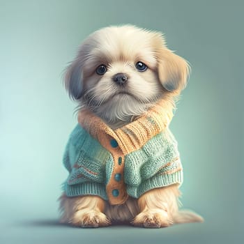 Cute dog puppy with clothes, pastel color, animal greeting card, fairy tale character, love and emotion, generative AI