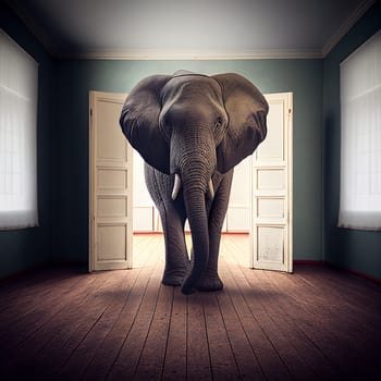 Big elephant standing in an empty room, animal concept, metaphorical idiom for important or enormous topic, illustration, generative ai
