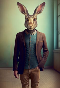 Surreal Mammalian Hybrids creature, half man, half rabbit in mythologie wearing a shirt and jacket easter bunny, illustration, generative AI