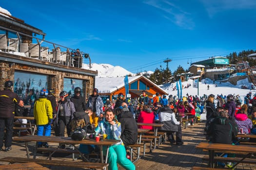 El Tarter, Andorra, Jan 2020 Bars and Restaurants on the ski slope, people relaxing and enjoying winter ski holidays