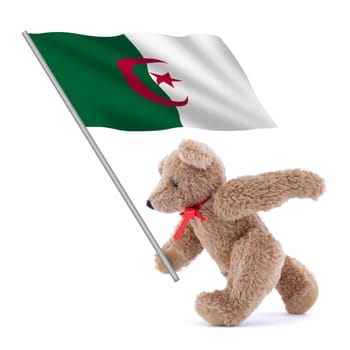 An Algeria flag being carried by a cute teddy bear