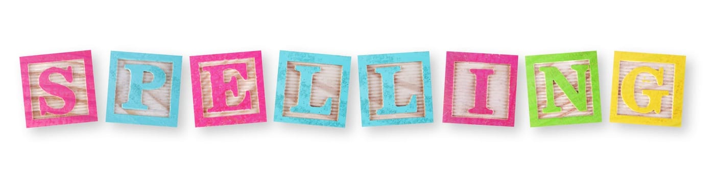 A Spelling concept with childs wood blocks on white with clipping path to remove shadow
