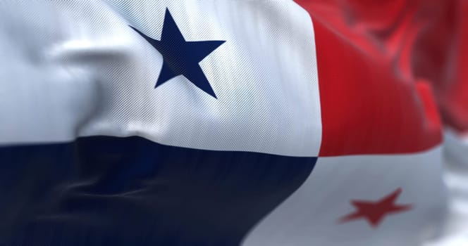 Close-up view of the Panama national flag waving in the wind. The Republic of Panama is a State of Central America. Rippled fabric. Textured background. Selective focus. Realistic 3d illustration