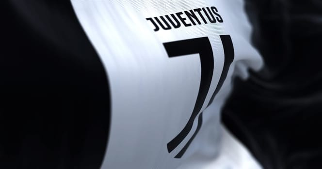 Turin, Italy, jan 2023: flag of Juventus Football Club waving. Juventus is a professional football club based in Turin. Rippled fabric. Textured background. Selective focus. Realistic 3d illustration