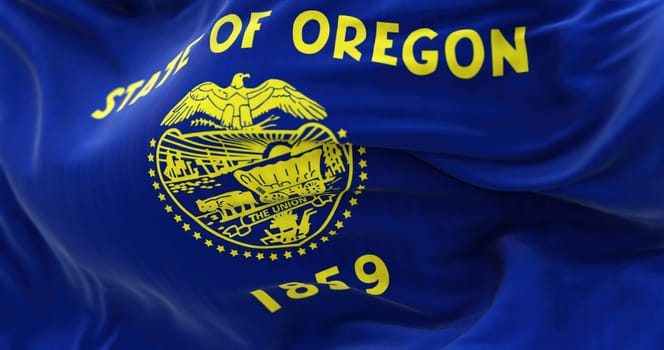 Close-up of the Oregon state flag waving. Oregon is a state in the Pacific Northwest. Rippled fabric. Textured background. Selective focus. Realistic 3d illustration