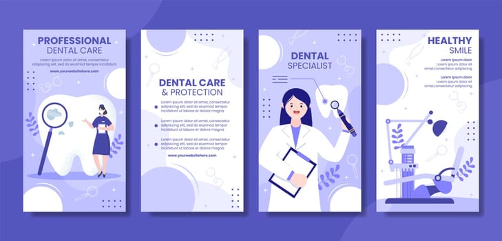 Dental Care and Clinic Social Media Stories Flat Cartoon Hand Drawn Templates Illustration