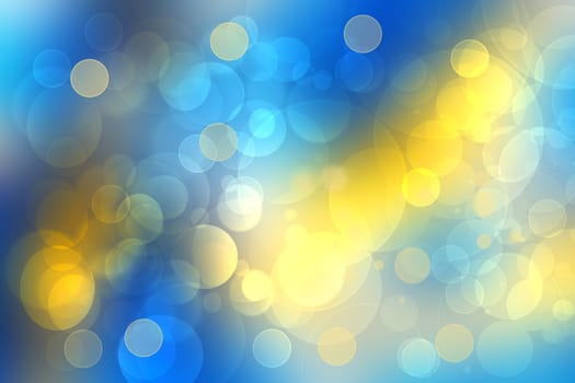 Abstract blurred fresh vivid spring summer light delicate blue yellow white bokeh background texture with bright circular soft color lights. Beautiful backdrop illustration. Space.