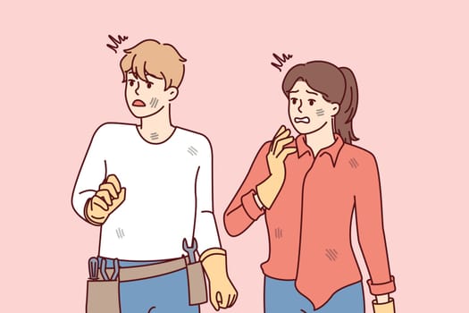Frightened man with repair tools and woman in dirty clothes looking away. Guy and girl in rubber gloves with discouraged face after making mistake while repairing their own hands. Flat vector image