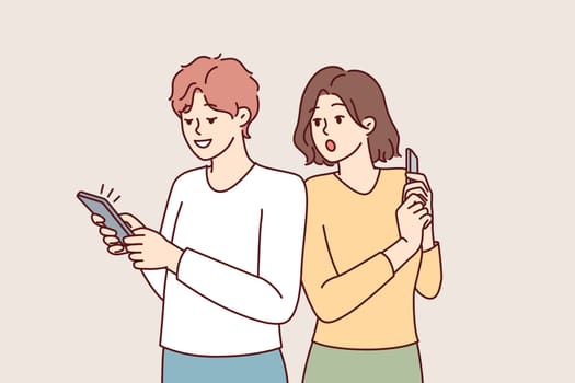 Curious woman looking at boyfriend phone spying on social media correspondence for family distrust concept. Shocked girl pry into man using smartphone to flirt dating app. Flat vector illustration