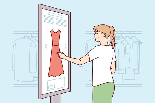 Clothing store customer woman use digital touch panel to select dress of suitable style and color. Young girl is shopping choosing evening outfit using modern screen. Flat vector illustration