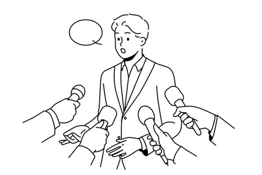 Male politician with speech bubble above head give interview to reporters with microphones. Man in suit speak with journalists with mic. Vector illustration.