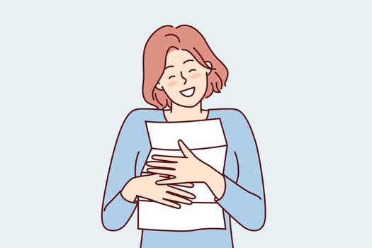 Happy woman clutches to chest paper letter from boyfriend or family rejoicing at information received. Girl hugging document about career advancement or salary increase. Flat vector illustration