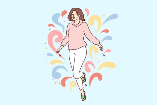 Woman walks in weightlessness and waves arms located among multi-colored drops flying in different directions. Carefree girl feels happy after dating or taking antidepressants. Flat vector design