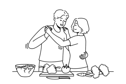 Happy couple cooking in kitchen dancing together. Smiling man and woman enjoy food preparation on weekend. Vector illustration.