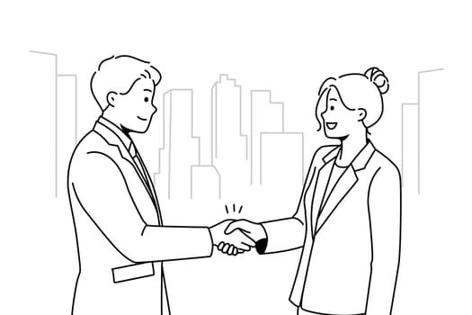 Smiling businesspeople handshake greeting getting acquainted. Happy business partners shake hands close deal or make agreement. Vector illustration.