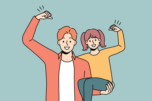 Smiling strong man hold in arms excited little daughter. Happy father show power and strength with small girl child. Vector illustration.