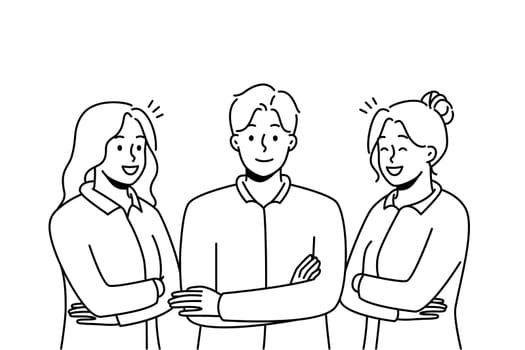 Portrait of smiling young professionals in uniforms feeling successful and confident. Group of work specialists or staff in formal wear. Vector illustration.
