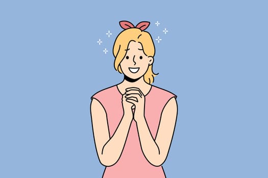 Smiling young woman with hands in prayer ask for forgiveness or beg. Happy girl feel hopeful and joyful praying. Faith and belief. Vector illustration.