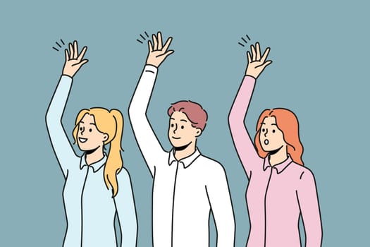 Happy businesspeople raise hands vote at workplace. Smiling employees engaged in teambuilding activity. Teamwork concept. Vector illustration.