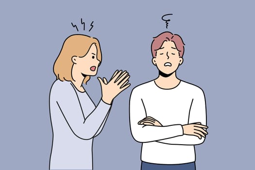 Angry young woman lecture annoyed man engaged in family misunderstanding. Mad wife scold bothered unhappy husband. Breakup and fight. Vector illustration.