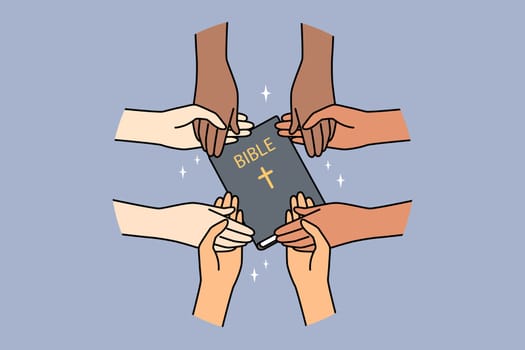 Closeup of diverse interracial people hold hands praying together. Multiethnic group holding bible engaged in prayer. Religion and faith. Vector illustration.