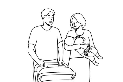 Happy young family with baby walking with stroller outdoors. Smiling parents with child in hands enjoying walk outside. Vector illustration.