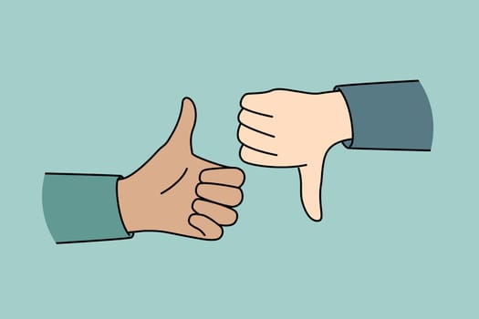 Closeup of people hands showing thumb up and down. Man or woman demonstrate like or dislike. Approval and disapproval. Vector illustration.