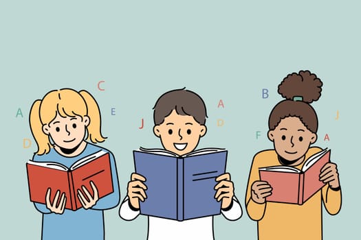 Smiling little children reading books together. Happy kids have fun enjoy literature at school. Education and learning. Vector illustration.