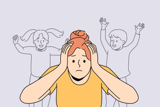Stressed young mother annoyed with loud kids screaming. Unhappy distressed woman bothered with noisy children suffer from motherhood. Vector illustration.
