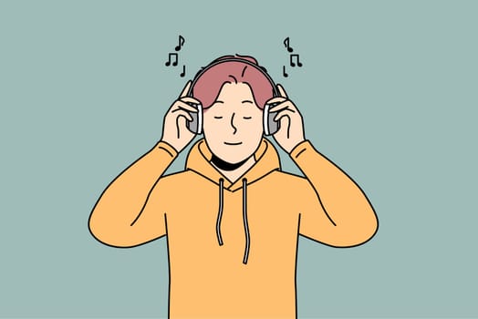 Smiling young man listen to music in modern wireless headphones. Happy guy enjoy good quality sound in earphones. Hobby and amusement. Vector illustration.