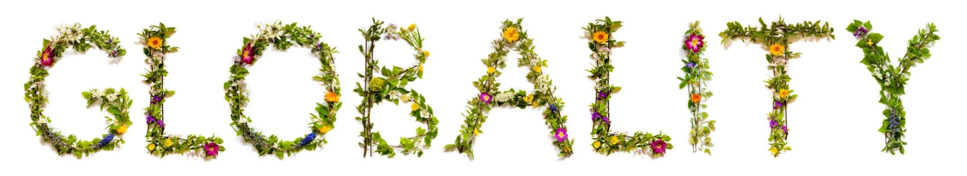 Blooming Flower Letters Building English Word Globality. Summer And Spring Season Blossoms And Flower Lei.