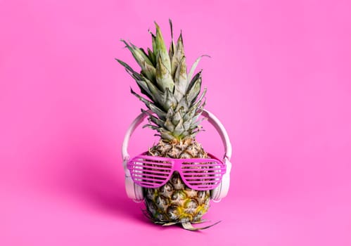 Fashionable  trendy pineapple fruit with headphones and sun glasses listen to the music over bright pastel pink background. Cool hipster ananas with funny face. Summer holiday vacation and tropical beach party concept.