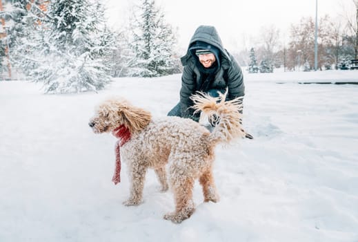 Snowball fight fun with pet and his owner in the snow. Winter holiday emotion. Cute puddle dog and man playing and running in the forest. Film filter image.
