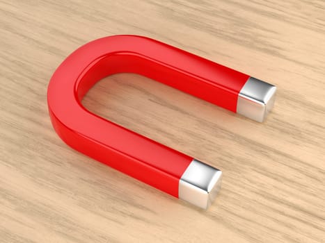 Red horseshoe magnet on wood background