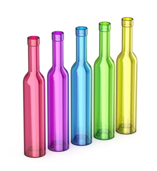 Five tall empty glass bottles with different colors
