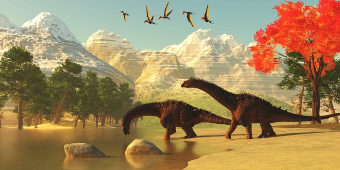 A flock of Dsungaripterus Pterosaurs fly over two Alamosaurus sauropod dinosaurs getting a drink of water.
