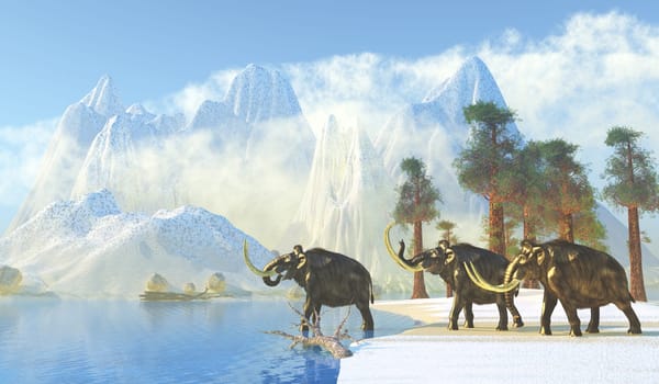 Winter thawing brings a herd of Woolly Mammoths down to drink from a lake during the Pleistocene Period.