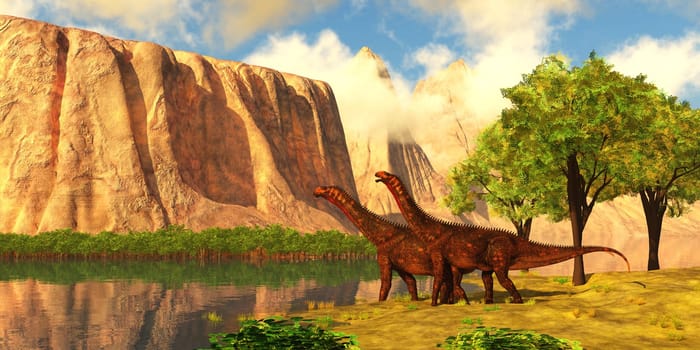 A massive plateau overlooks a luscious valley full of vegetation and two Mierasaurus sauropod dinosaurs.
