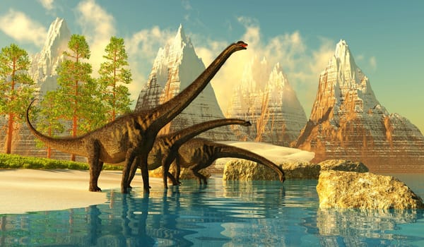 Majestic snow capped mountains overlook a blue lake with a herd of sauropod Sauroposeidon dinosaurs.