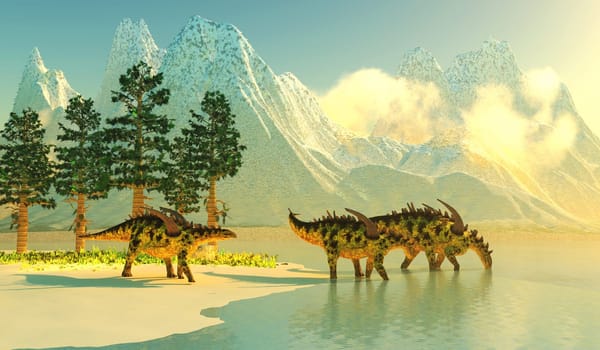 A herd of armored Gigantspinosaurus dinosaurs come down to a lake for a morning drink in the Jurassic Period of China.