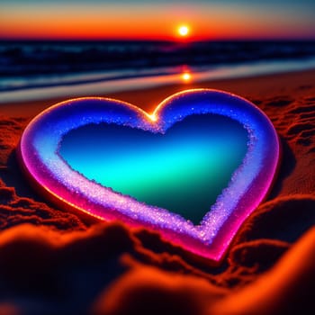 On the beach,there are red small glass crystal heart created with Generative AI technology.